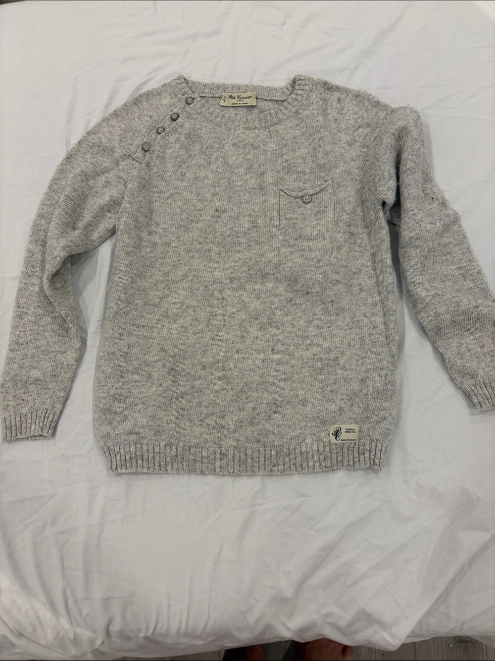 Soft Knit Gray Crewneck Sweater with Button Shoulder for Kids